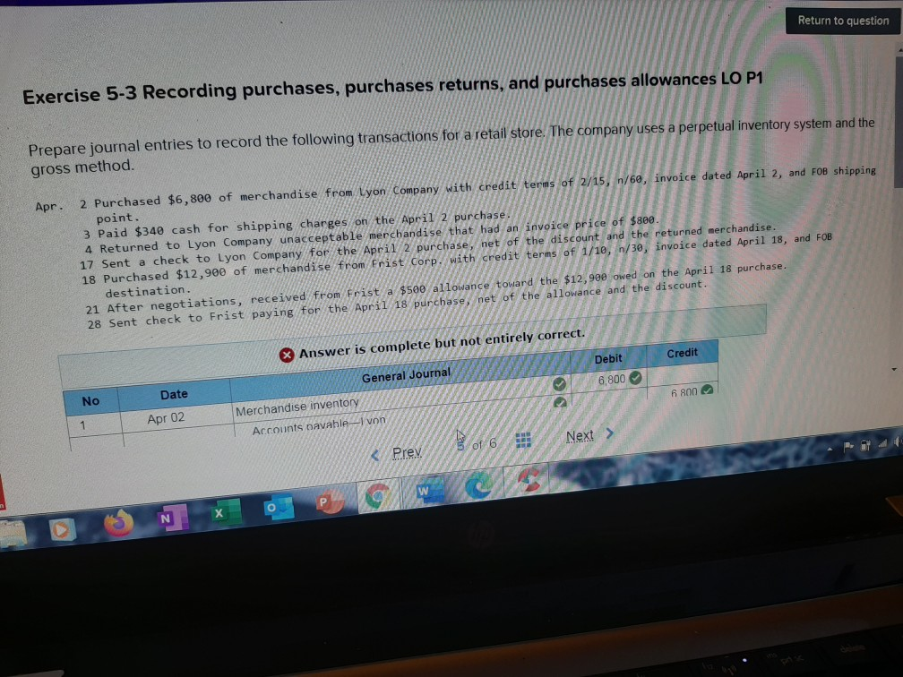  Return to question Exercise 5-3 Recording purchases, purchases returns, and purchases
