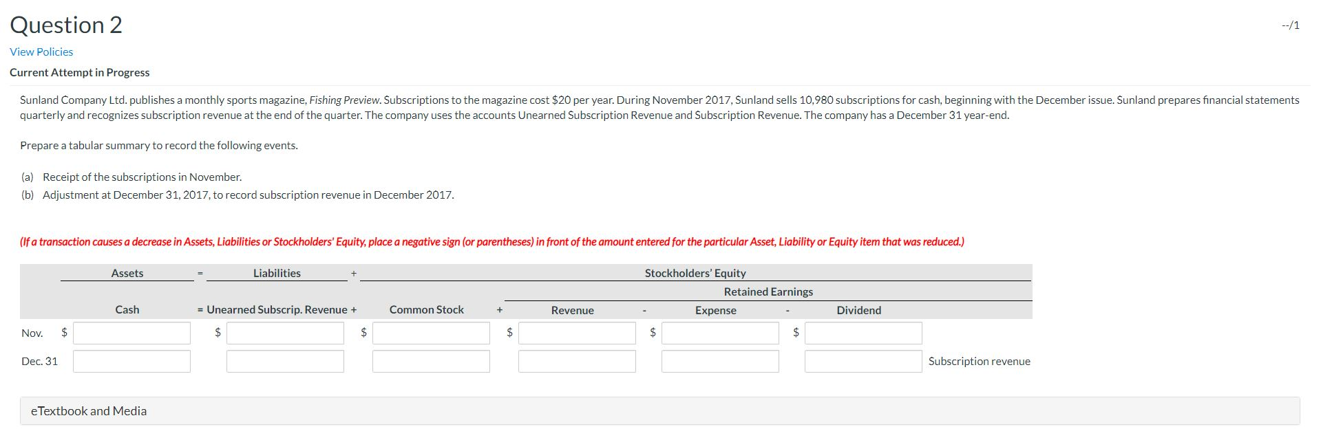  --/1 Question 2 View Policies Current Attempt in Progress Sunland Company