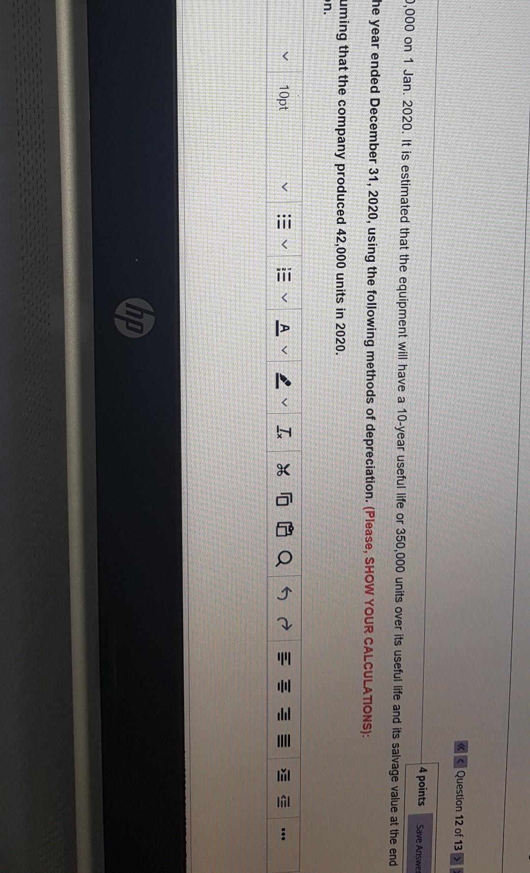 Amwaj Indstrial Co. purchased an equipment for $720,000 on 1 Jan. 2020.