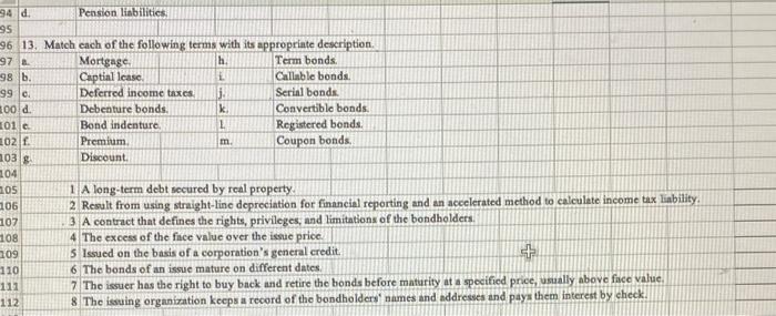 help w question 13, please explain 101 e 94 d. Pension liabilities,