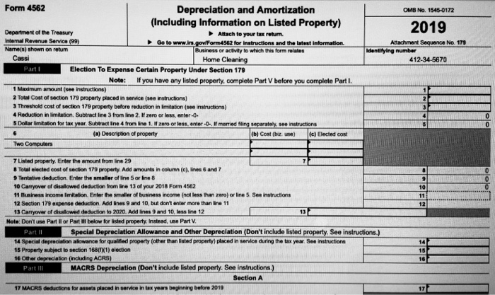  Need help 2019 Form 4562 with lines 1, 2, 3, 6,