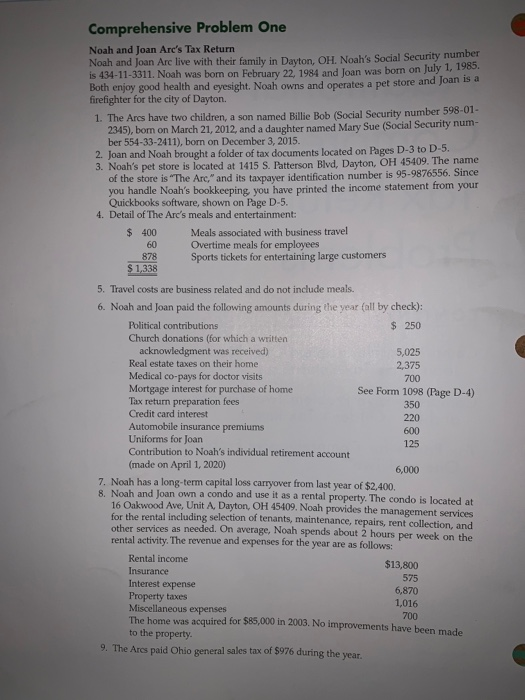  Comprehensive Problem One Noah and Joan Arc's Tax Return Noah and