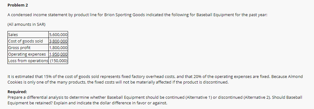  Problem 2 A condensed income statement by product line for Brion