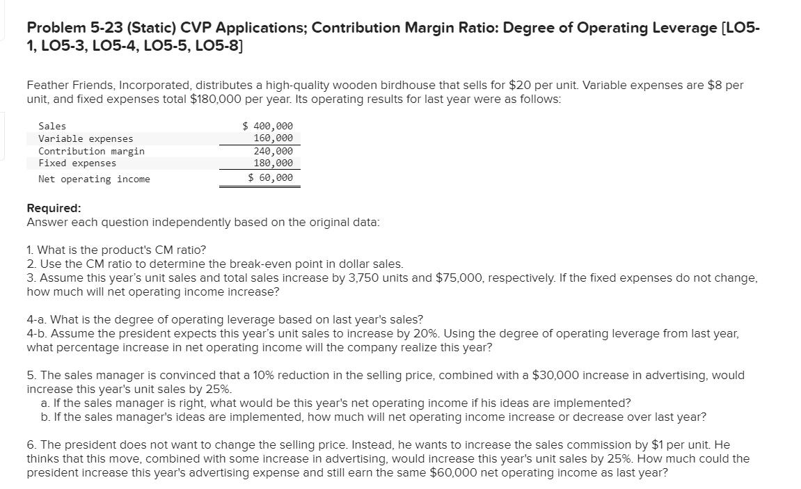 Problem 5-23 (Static) CVP Applications; Contribution Margin Ratio: Degree of Operating