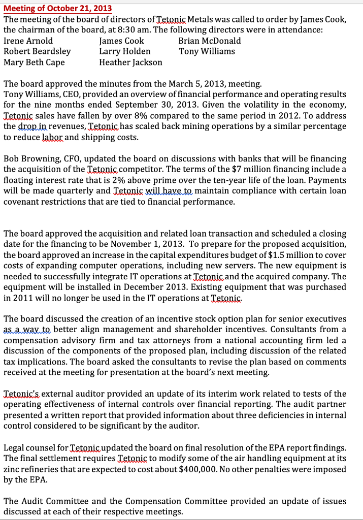 of the board of directors of the Tetonic Metals Company for the