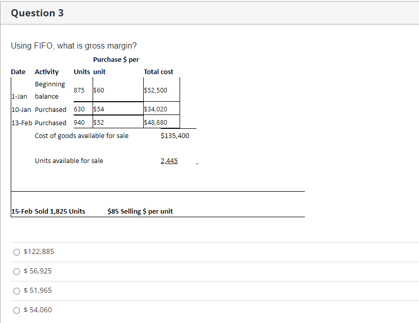  Question 3 Using FIFO, what is gross margin? Purchase $ per