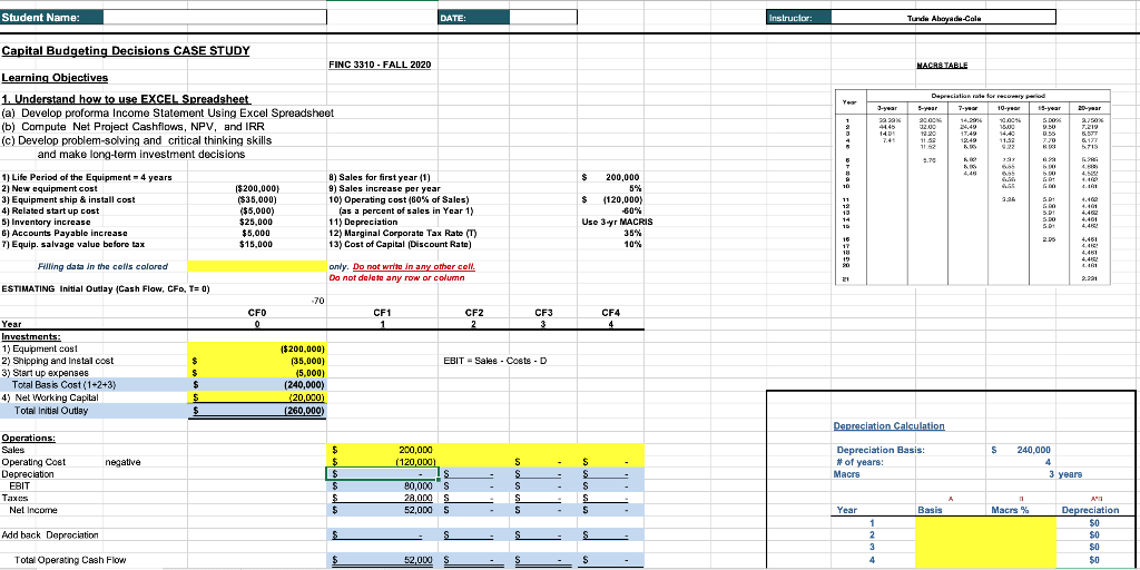  Student Name: DATE: Instructor: Tunda Aberyada-Cola Capital Budgeting Decisions CASE STUDY
