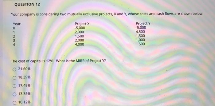  QUESTION 12 Your company is considering two mutually exclusive projects, X