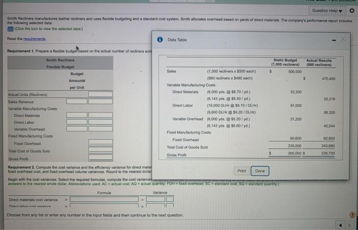  Question Help Seth Redliners manufactures leather rediners and uses flexible budgeting