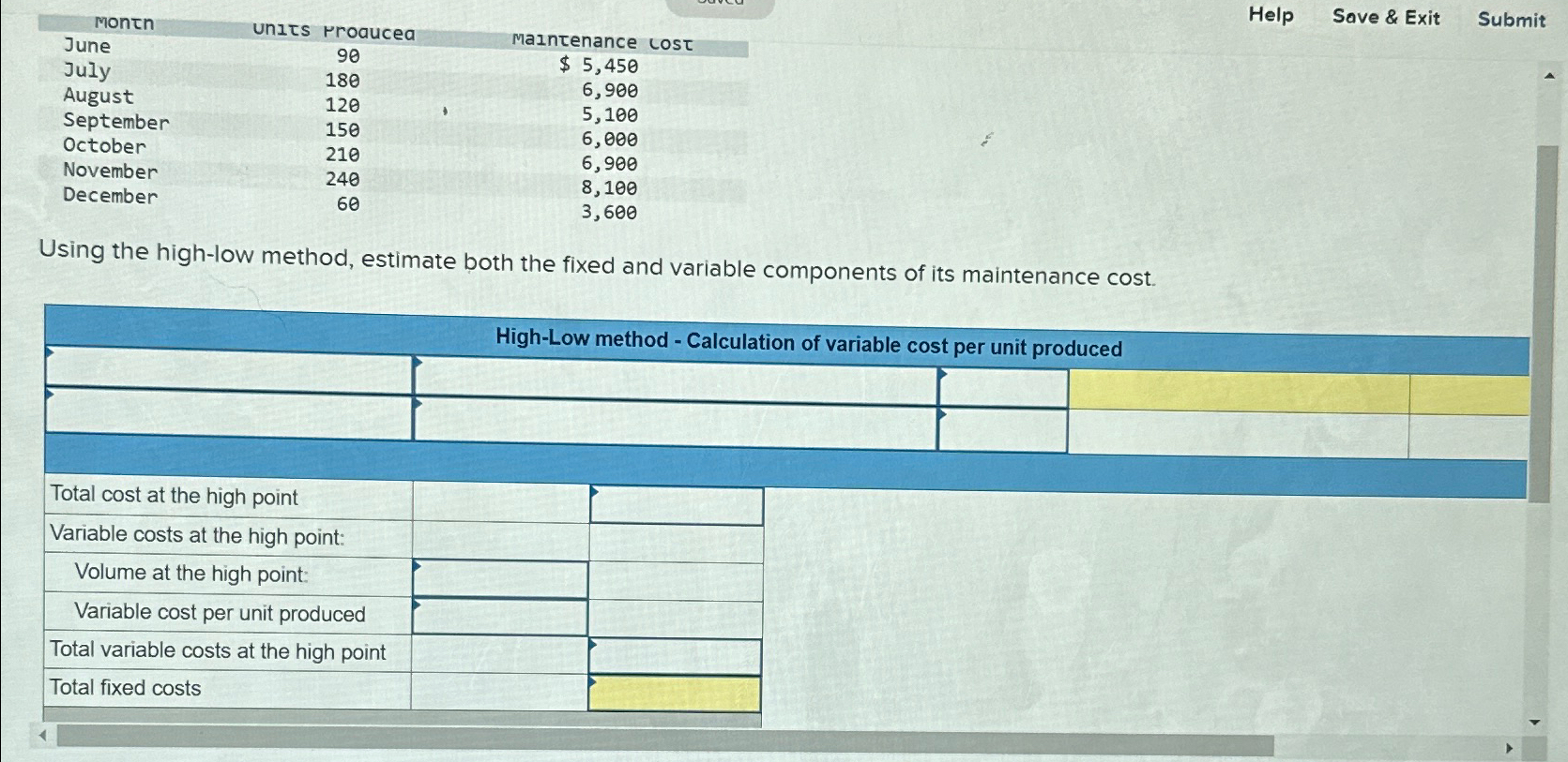  Help Save & Exit Submit Using the high-low method, estimate both