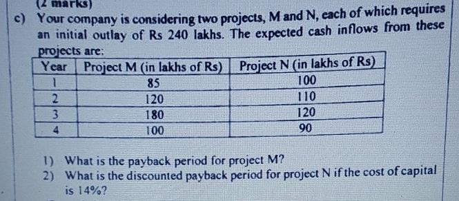  c) Your company is considering two projects, M and N, each