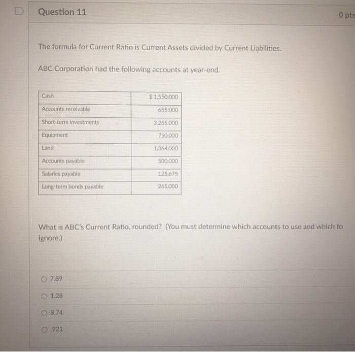  Question 11 O pts The formula for Current Ratio is Current