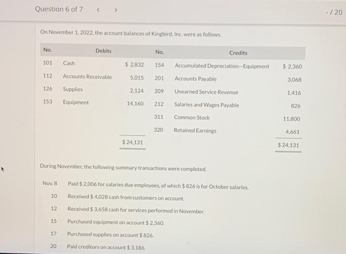 please answer it correctly! Question 6 of 7 - /20 On November