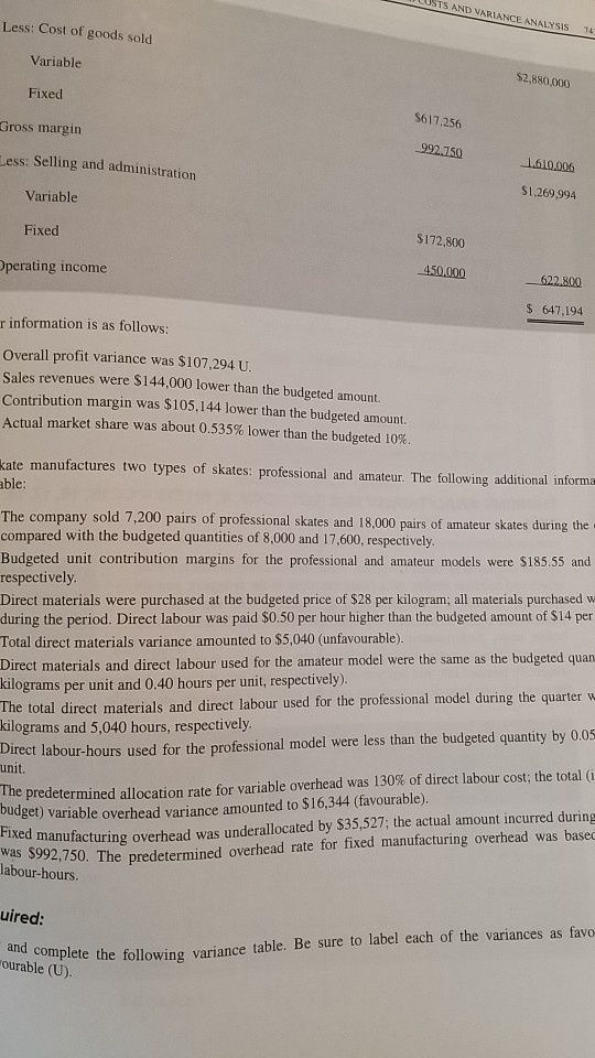 complete variance analysis and prepare a standard cost cards including direct