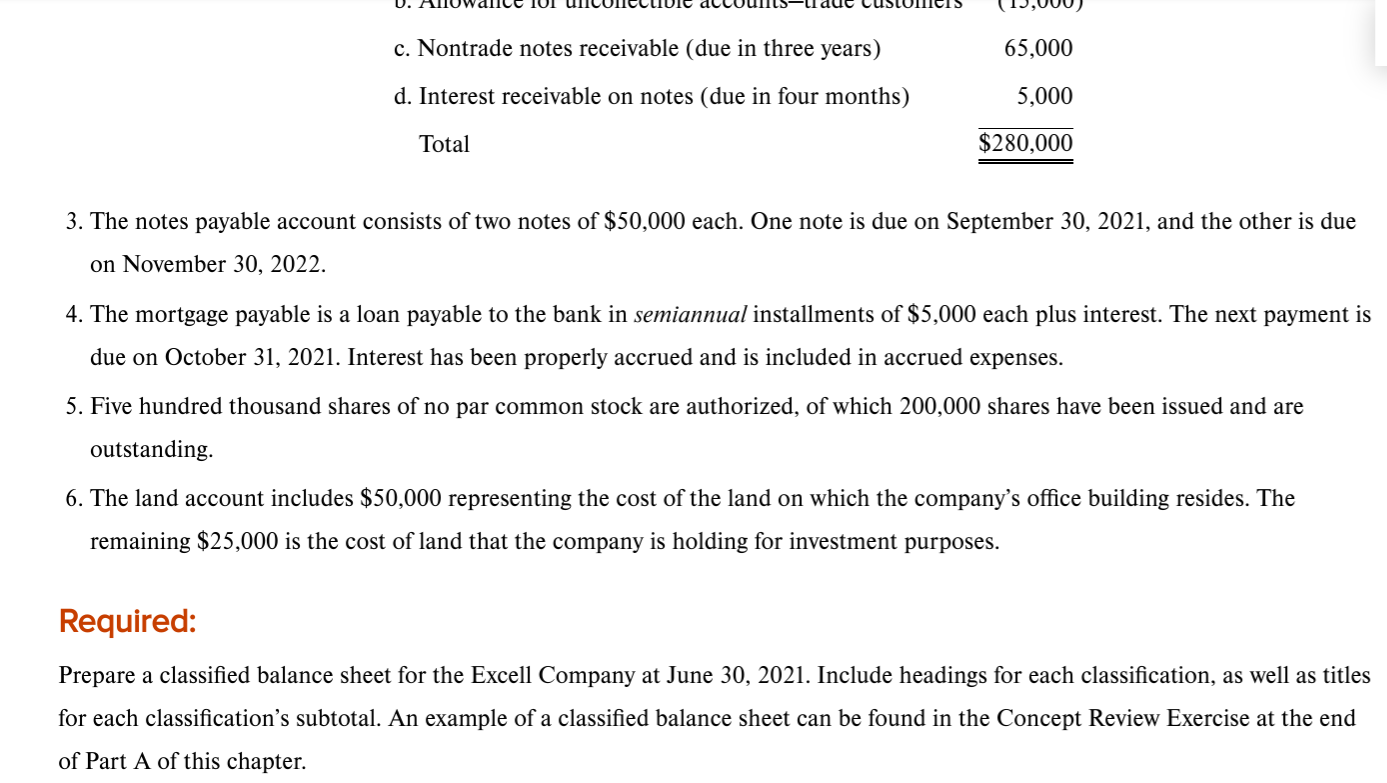 create a Classified Balance Sheet for Excell Company. You MUST USE CELL