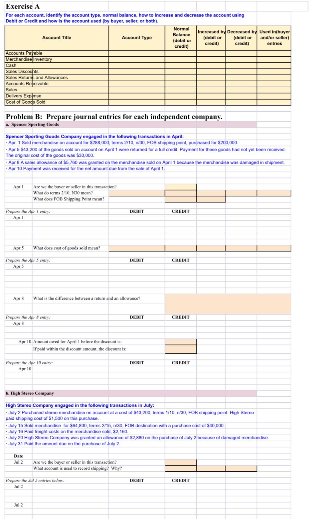 Exercise A For each account, identify the account type, normal balance,