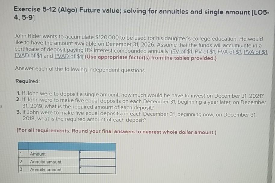 Exercise 5-12 (Algo) Future value; solving for annuities and single amount