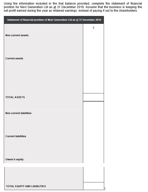 Next Generation Ltd Trial balance on 31 December 2019 Credit Debit E