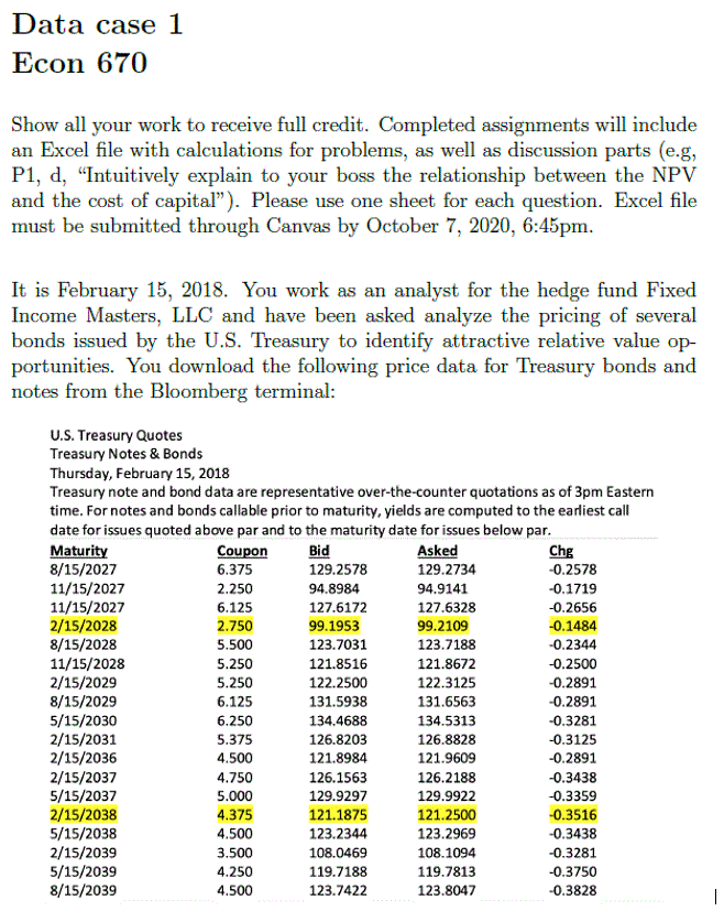  Data case 1 Econ 670 Show all your work to receive
