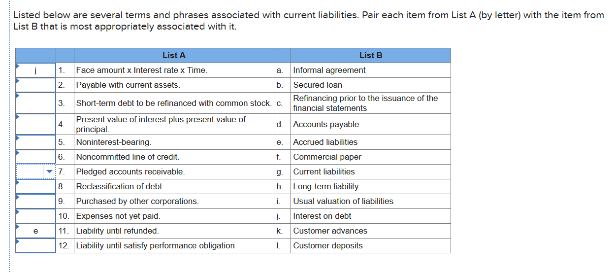  Listed below are several terms and phrases associated with current liabilities.