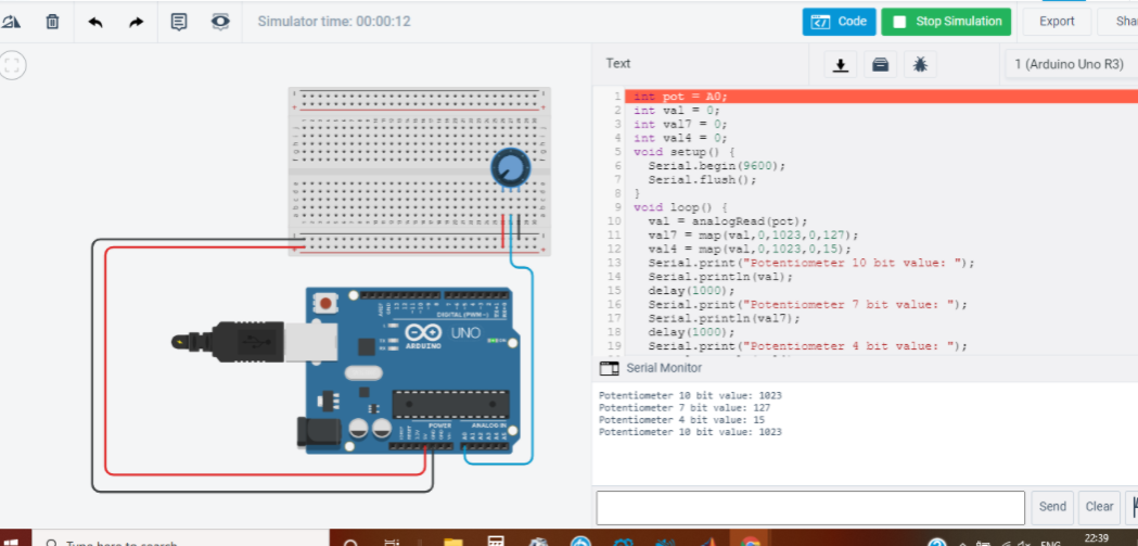 setup() { Serial.begin(9600); Serial.flush(); } void loop() { val = analogRead(pot); val7