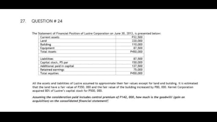 KINDLY ANSWER WITH COMPLETE SOLUTION AND EXPLANATION 27. QUESTION #24 The Statement