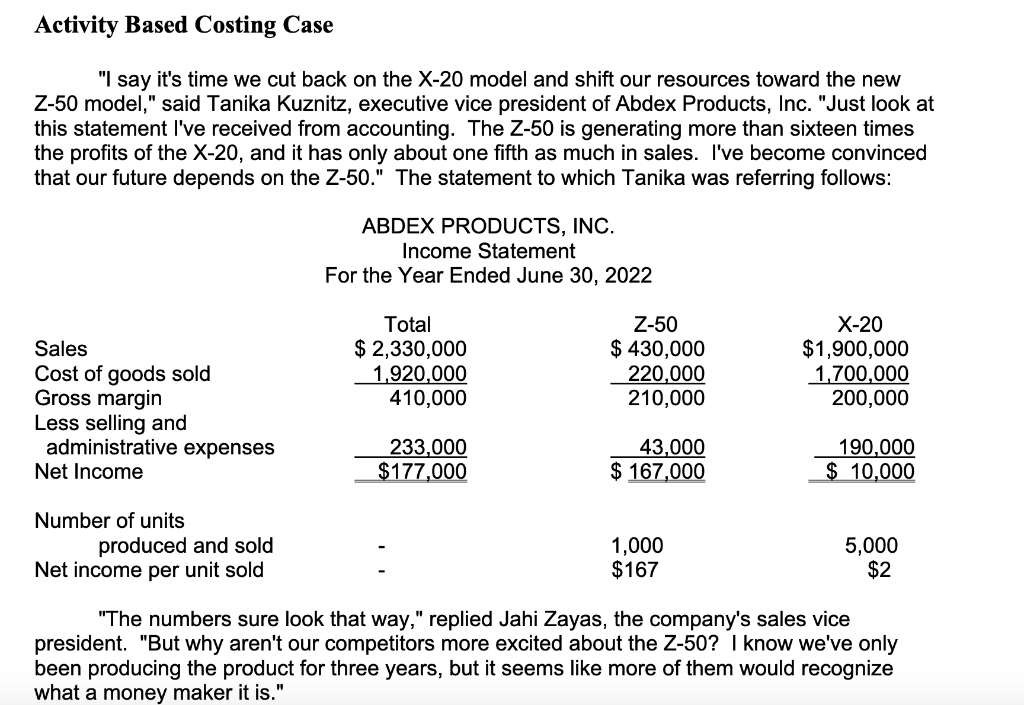 Activity Based Costing Case "I say it's time we cut back