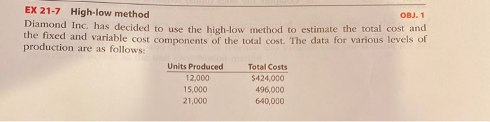  EX 21-7 High-low method OBJ. 1 Diamond Inc. has decided to