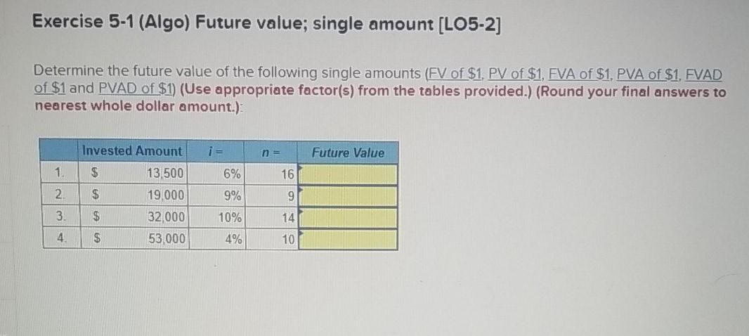  Exercise 5-1 (Algo) Future value; single amount [LO5-2] Determine the future