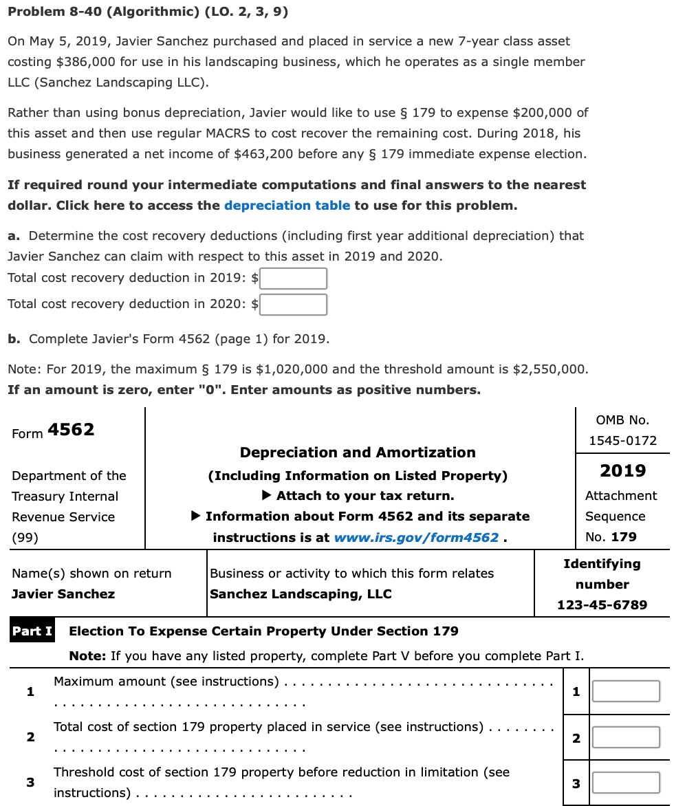  Problem 8-40 (Algorithmic) (LO. 2, 3, 9) On May 5, 2019,