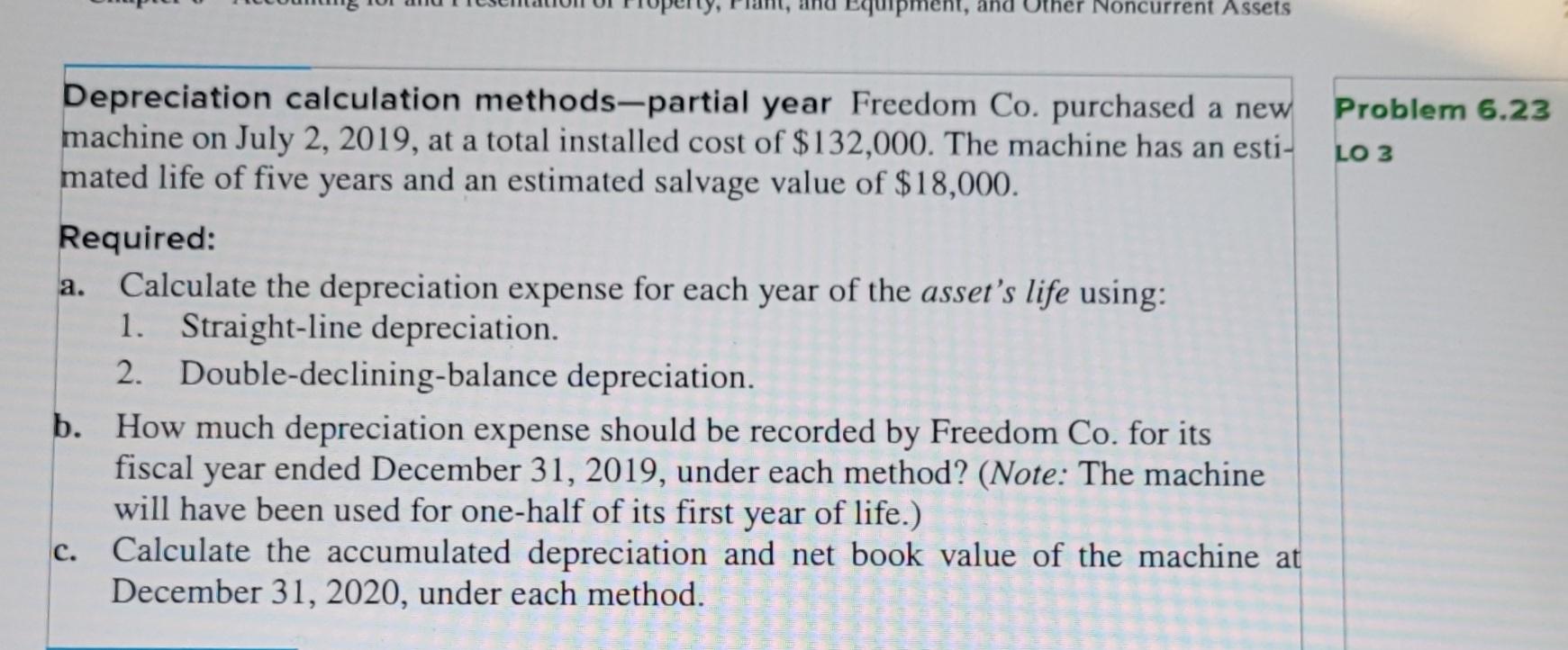 Noncurrent Assets Problem 6.23 LO 3 Depreciation calculation methods-partial year Freedom