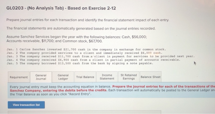  GLO203 - (No Analysis Tab) - Based on Exercise 2-12 Prepare