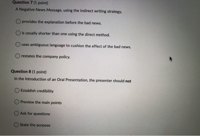  Question 7 (1 point) A Negative News Message, using the indirect