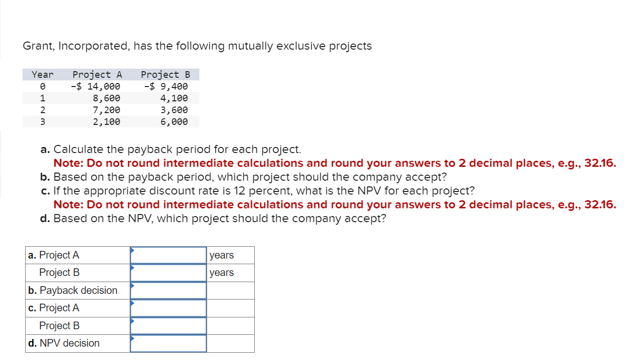  Grant, Incorporated, has the following mutually exclusive projects a. Calculate the