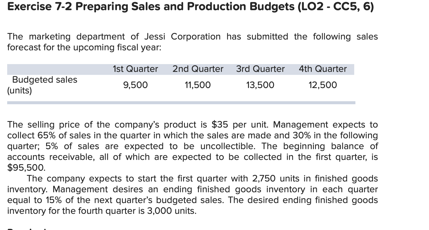 Exercise 7-2 Preparing Sales and Production Budgets (LO2 - CC5, 6)