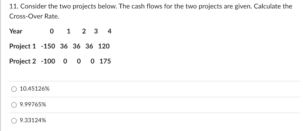  11. Consider the two projects below. The cash flows for the