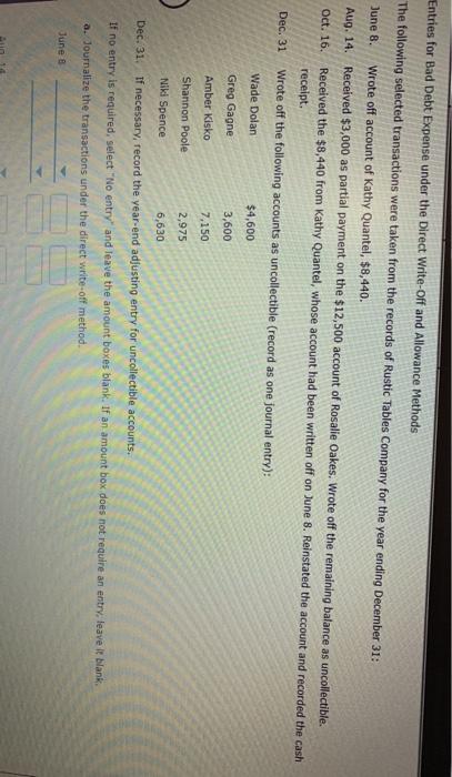  Entries for Bad Debt Expense under the Direct Write-off and Allowance