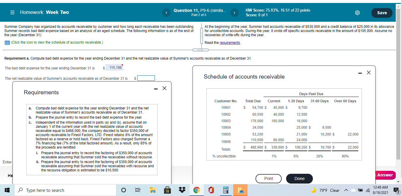  = Homework: Week Two Question 11, P9-6 (simila... Part 2 of