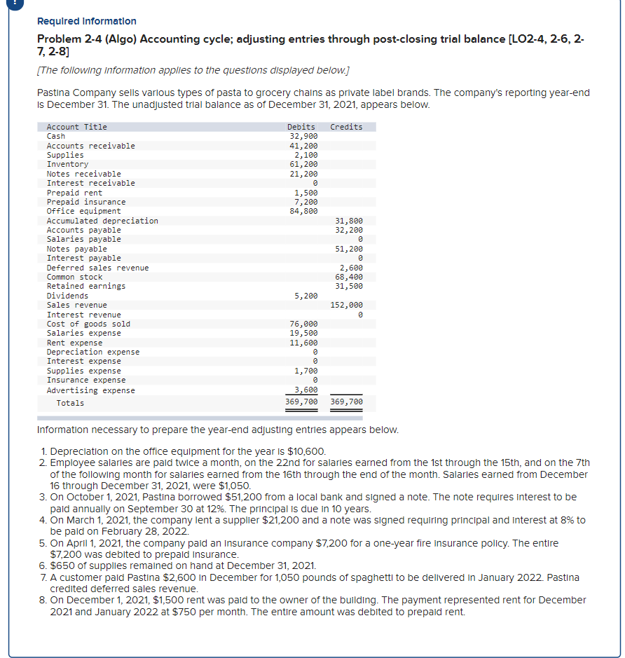  Required Information Problem 2-4 (Algo) Accounting cycle; adjusting entries through post-closing