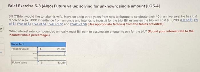 what is i Brief Exercise 5-3 (Algo) Future value; solving for unknown;