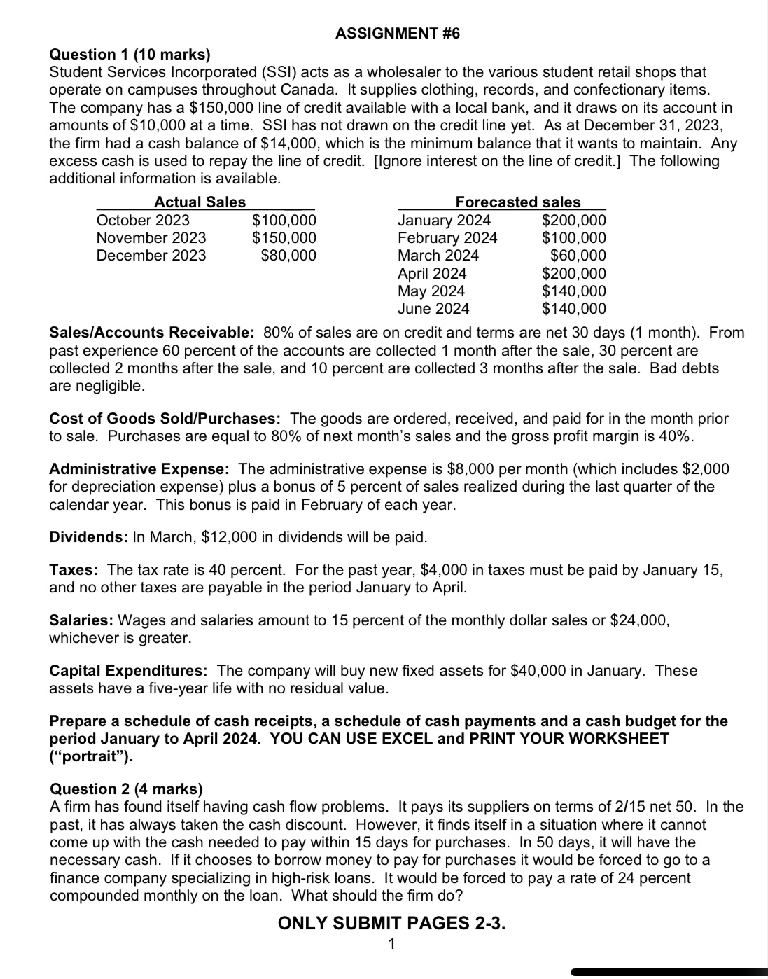  ASSIGNMENT #6 Question 1(10 marks) Student Services Incorporated (SSI) acts as