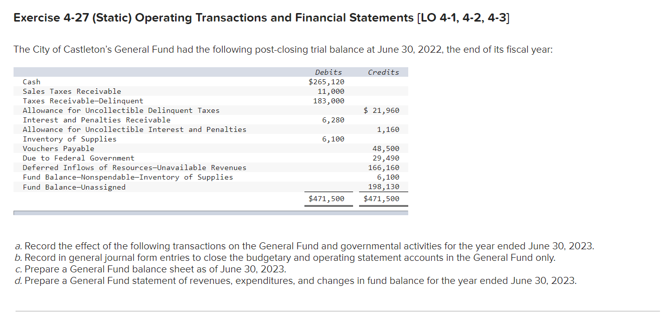  Exercise 4-27 (Static) Operating Transactions and Financial Statements [LO 4-1, 4-2,