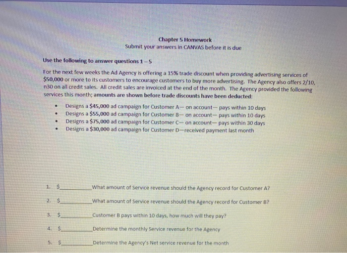  Chapter 5 Homework Submit your answers in CANVAS before it is