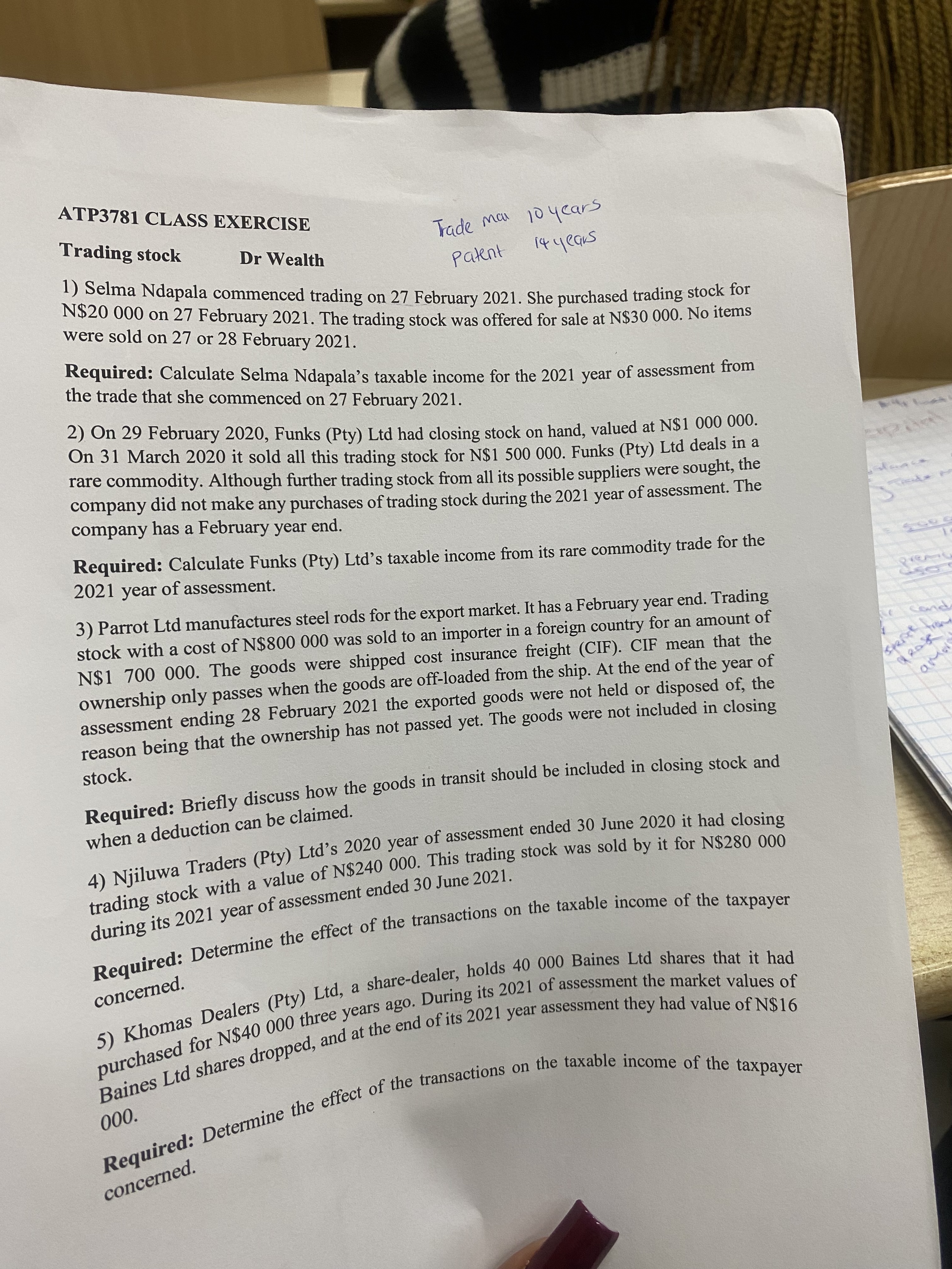  ATP3781 CLASS EXERCISE Trading stock Dr Wealth Trade mai 10 years