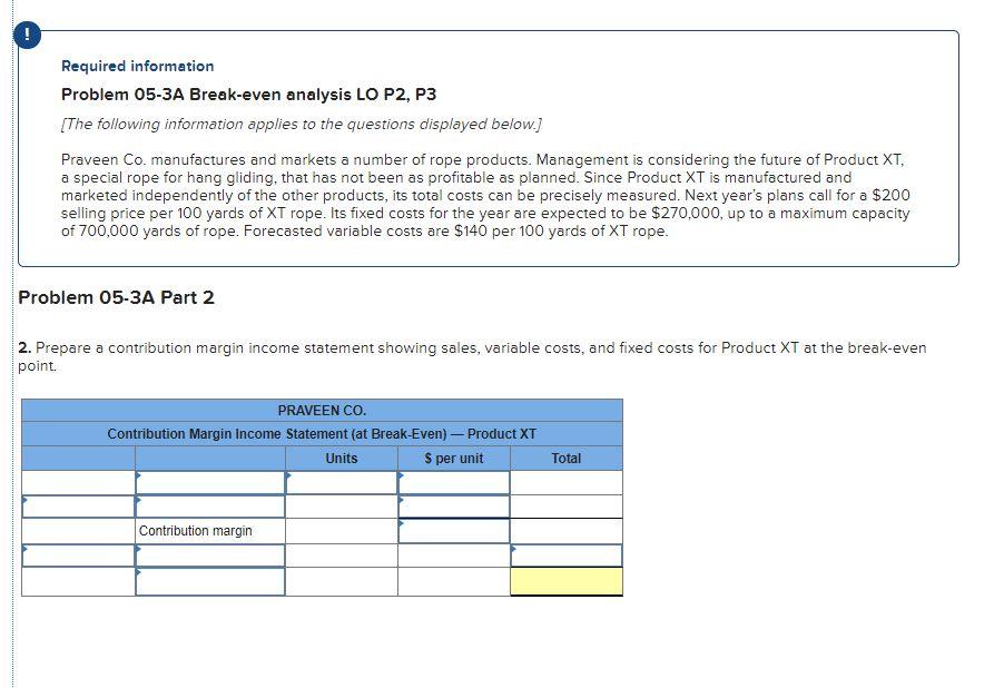! Required information Problem 05-3A Break-even analysis LO P2, P3 [The