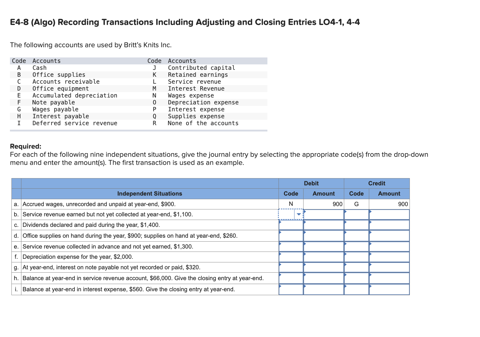  E4-8(Algo) Recording Transactions Including Adjusting and Closing Entries LO4-1,4-4 The following