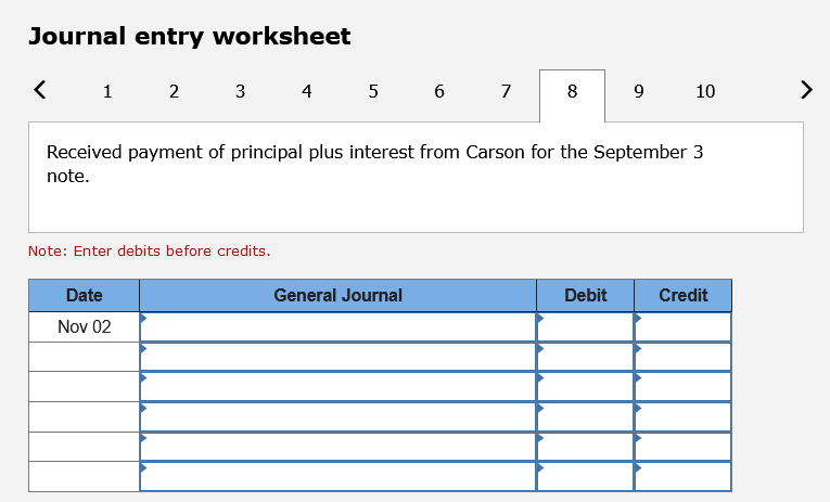 3 Accepted a (n) $2,500, 60-day, 11% note in granting Noah Carson