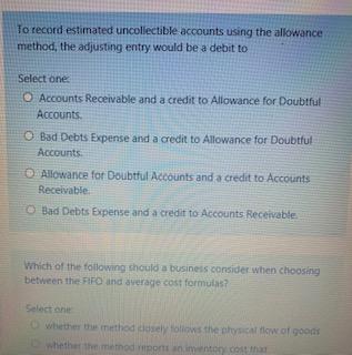 entry would be a debit to Select one: Accounts Receivable and a