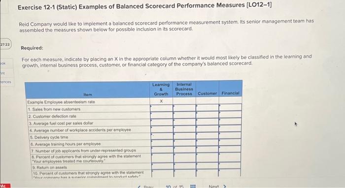 Exercise 12-1 (Static) Examples of Balanced Scorecard Performance Measures (L0121] Reid