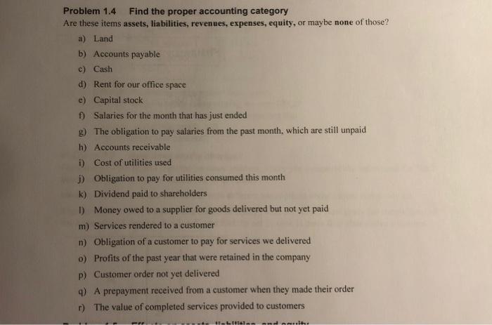  Problem 1.4 Find the proper accounting category Are these items assets,